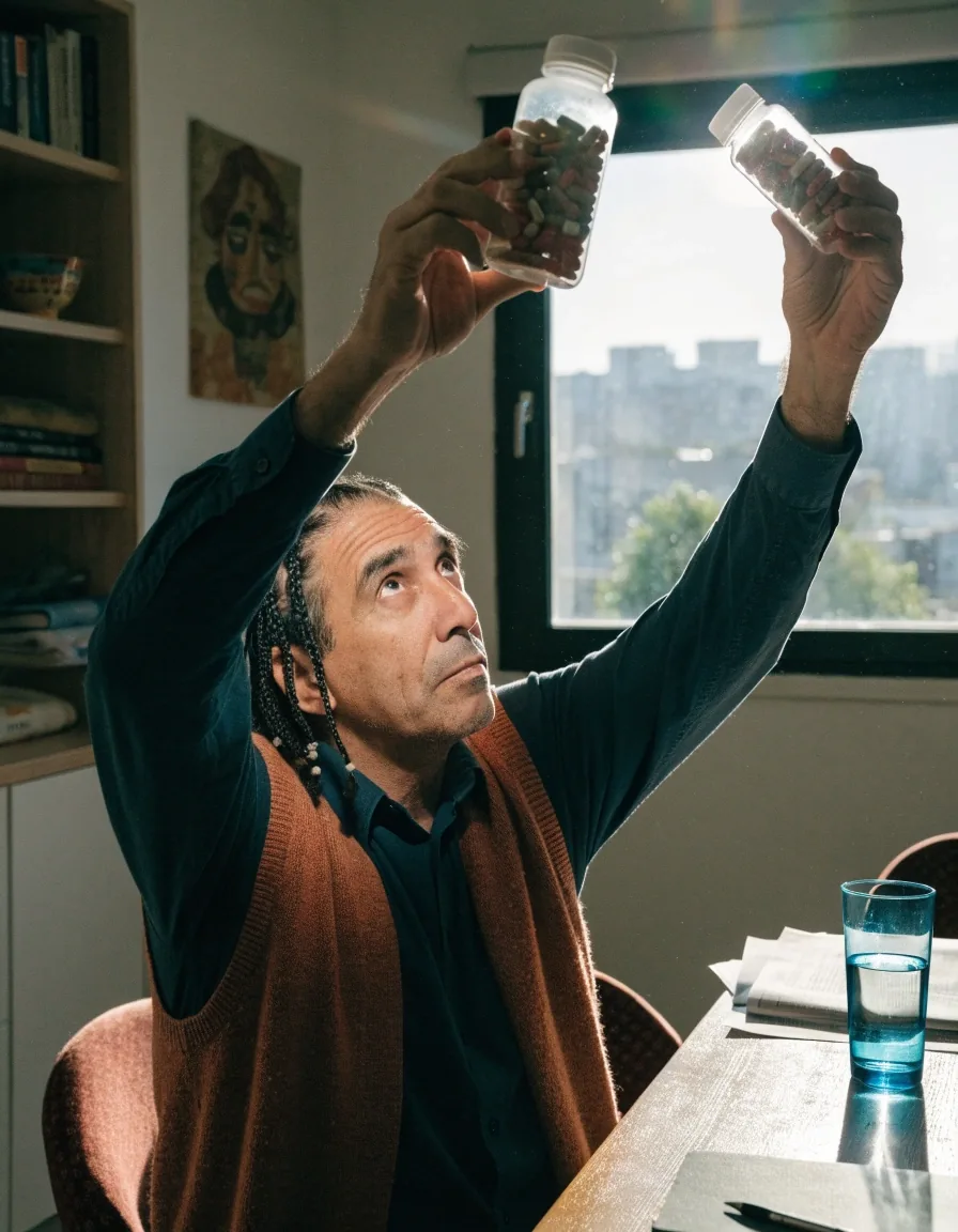 Manos revisando la ficha y el formato de un frasco de multivitamínico