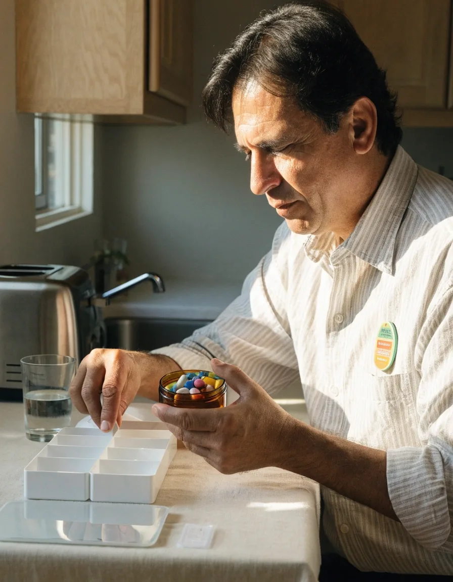 Frasco de vitaminas junto a un pastillero semanal y un vaso de agua en la cocina, con dos compartimentos ya vacíos