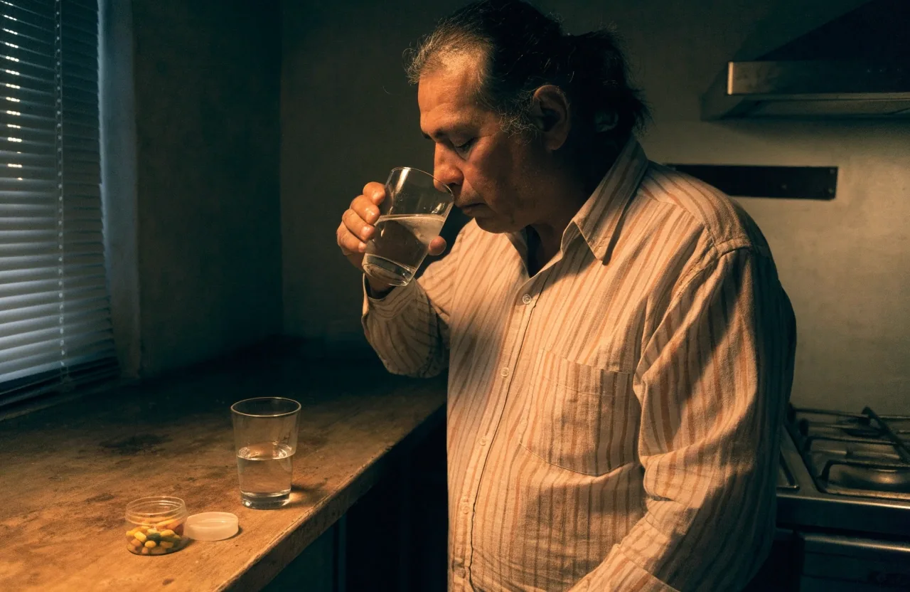 Hombre de mediana edad en su cocina de Medellín al amanecer, con un vaso de agua y un frasco de vitaminas abierto sobre la mesa