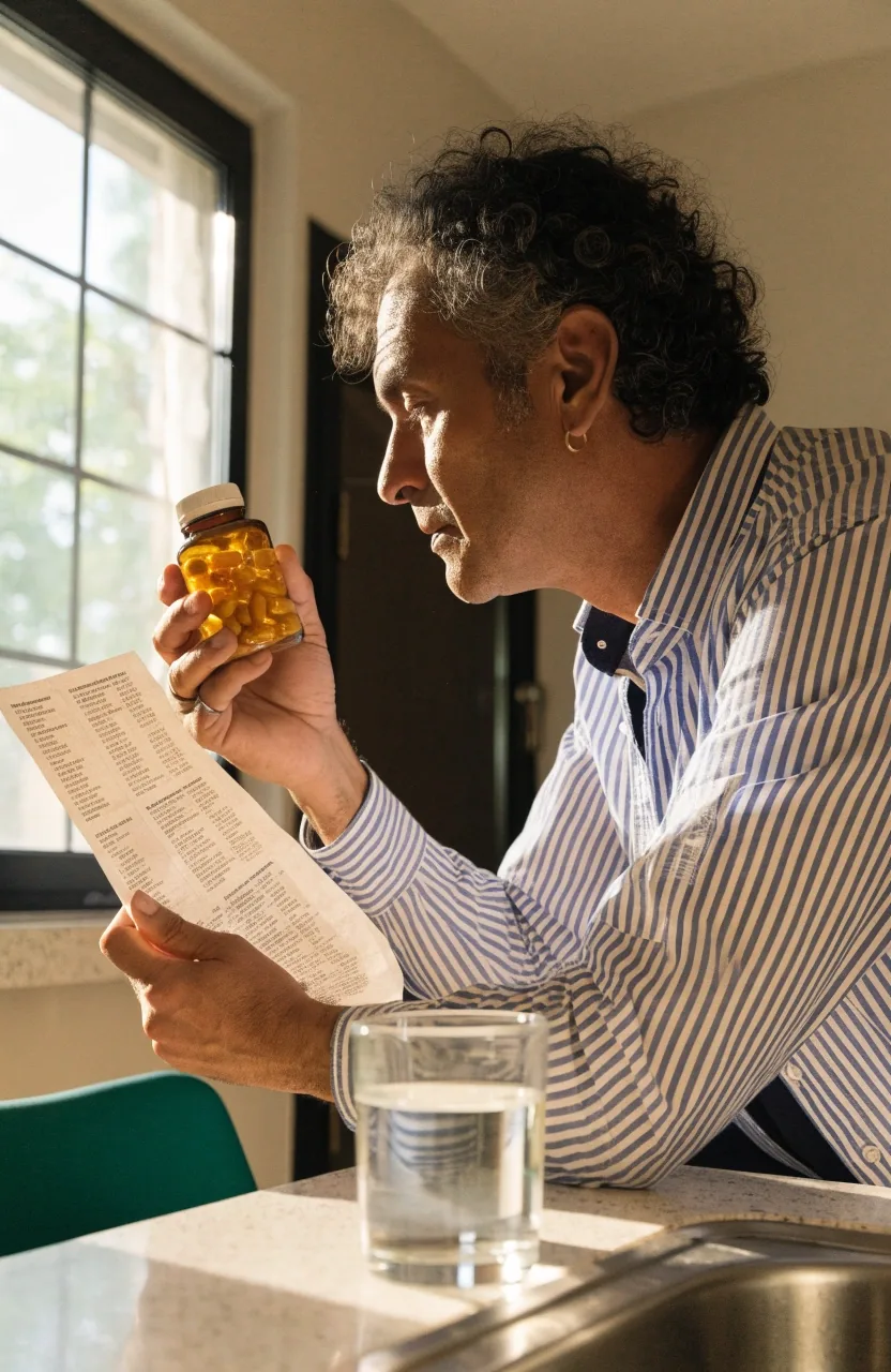 Manos de un hombre revisando el desplegable de ingredientes de un frasco de vitaminas sobre una mesa de cocina con luz natural