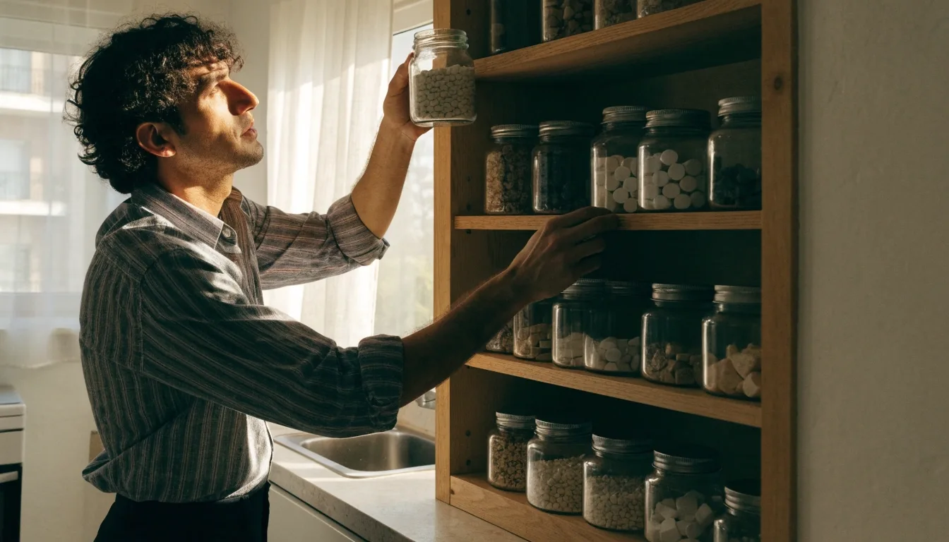 Rutina diaria: frascos de suplementos sobre una repisa iluminada por luz natural
