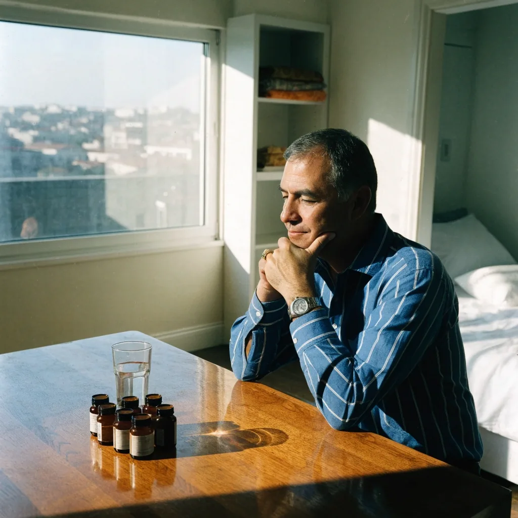 Hombre meditando frente a varios frascos de suplementos sobre una mesa en un apartamento de Medellín