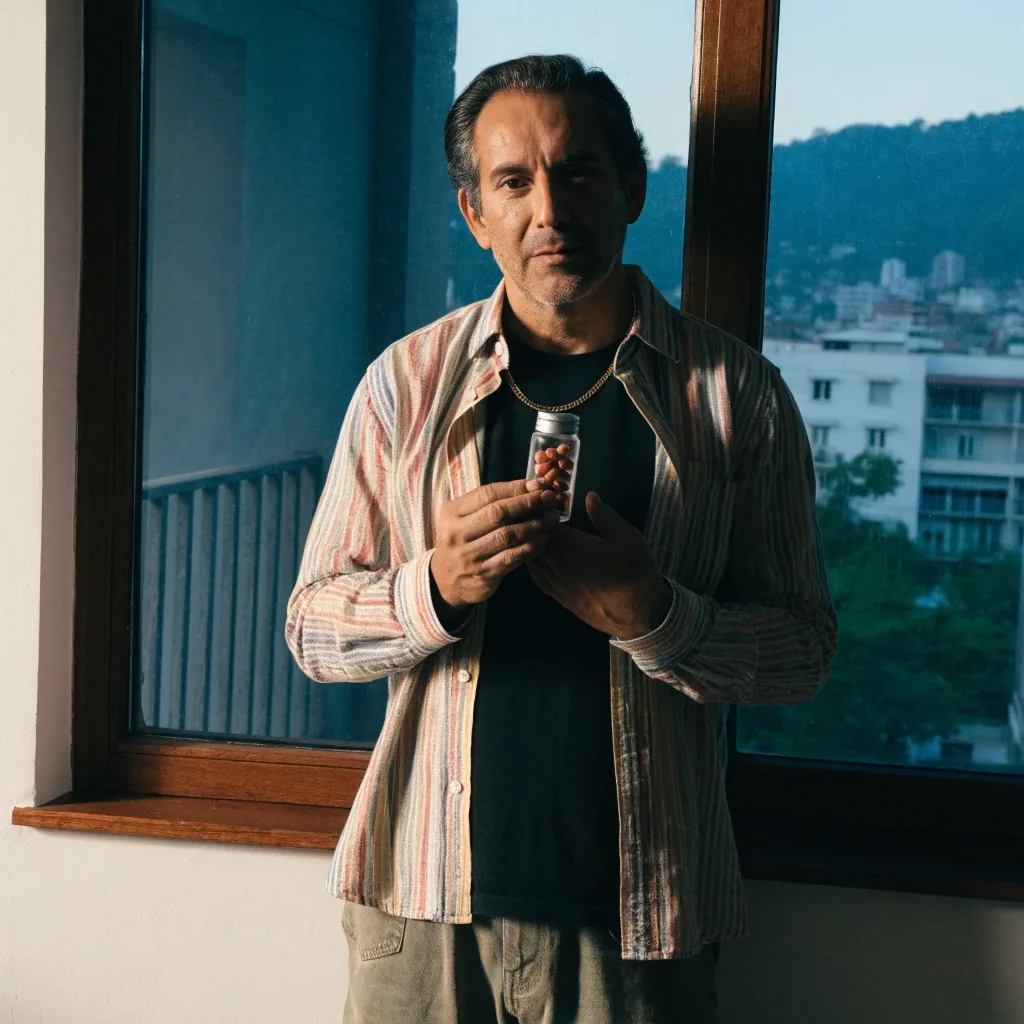 Manos sosteniendo un frasco de vitaminas junto a la ventana con luz suave