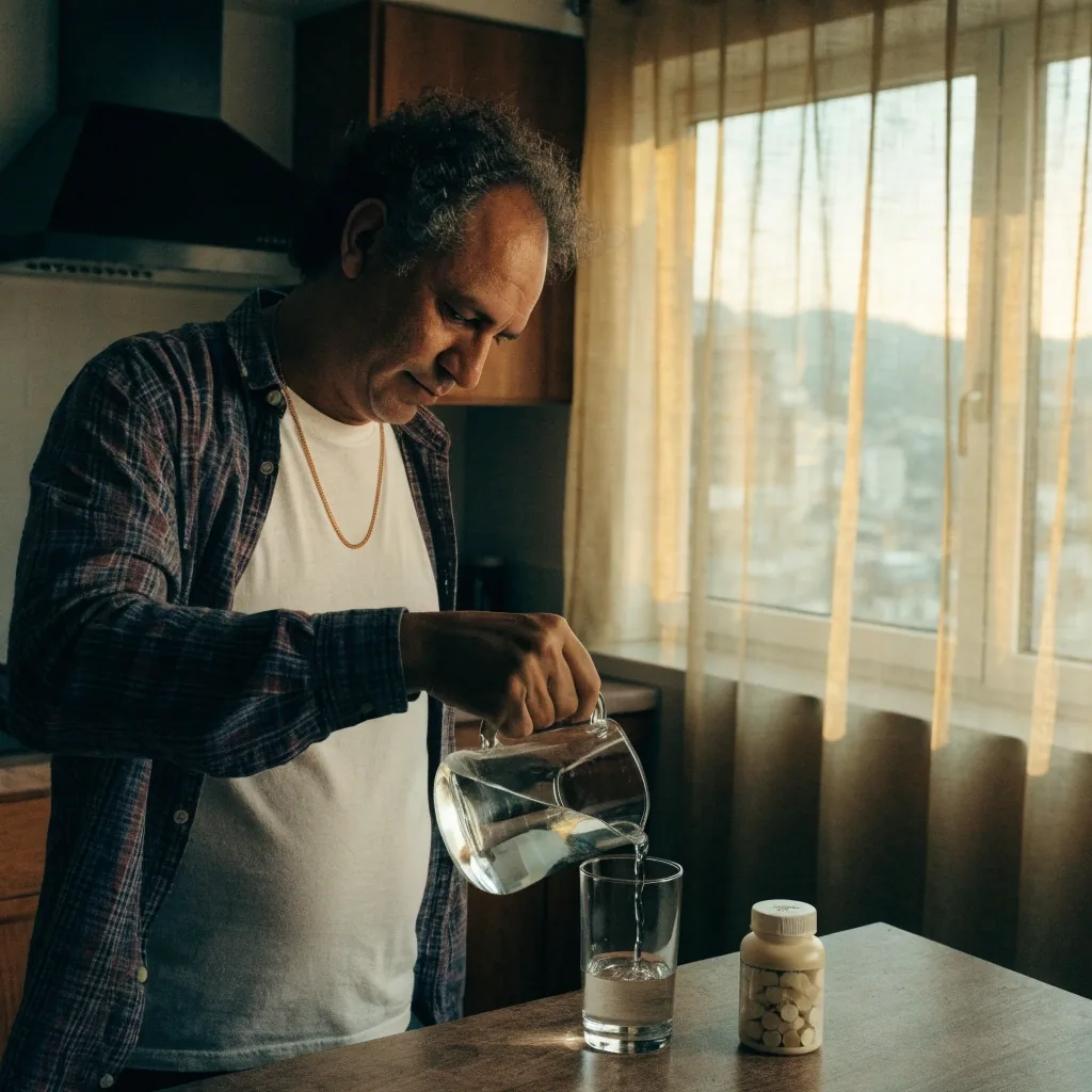 Rincón tranquilo de un apartamento en Medellín con un vaso de agua y un frasco sin marca al amanecer