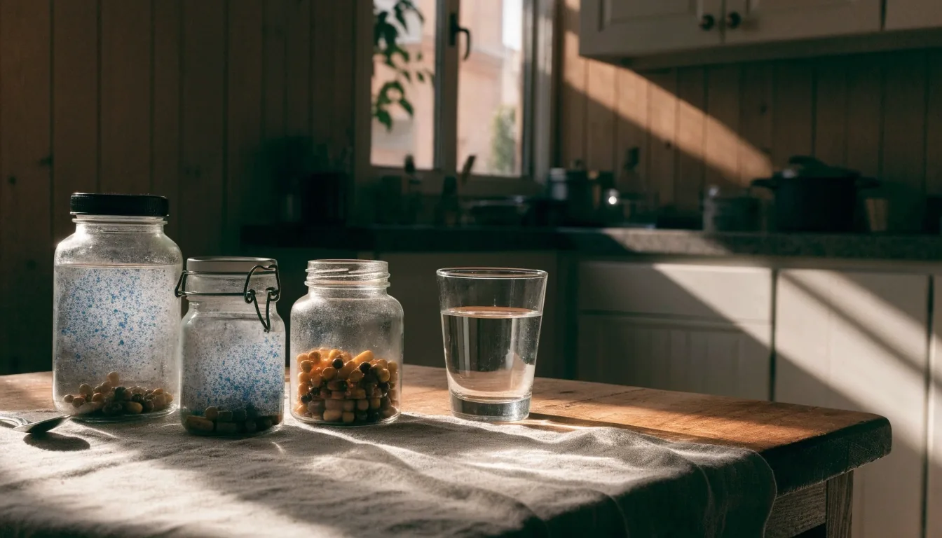 Frasco de vitaminas masculinas sobre una mesa en una cocina tranquila por la tarde