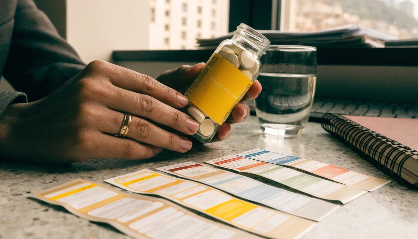 Equipo editorial de HombreVital revisando etiquetas e ingredientes de suplementos en su oficina de Medellín