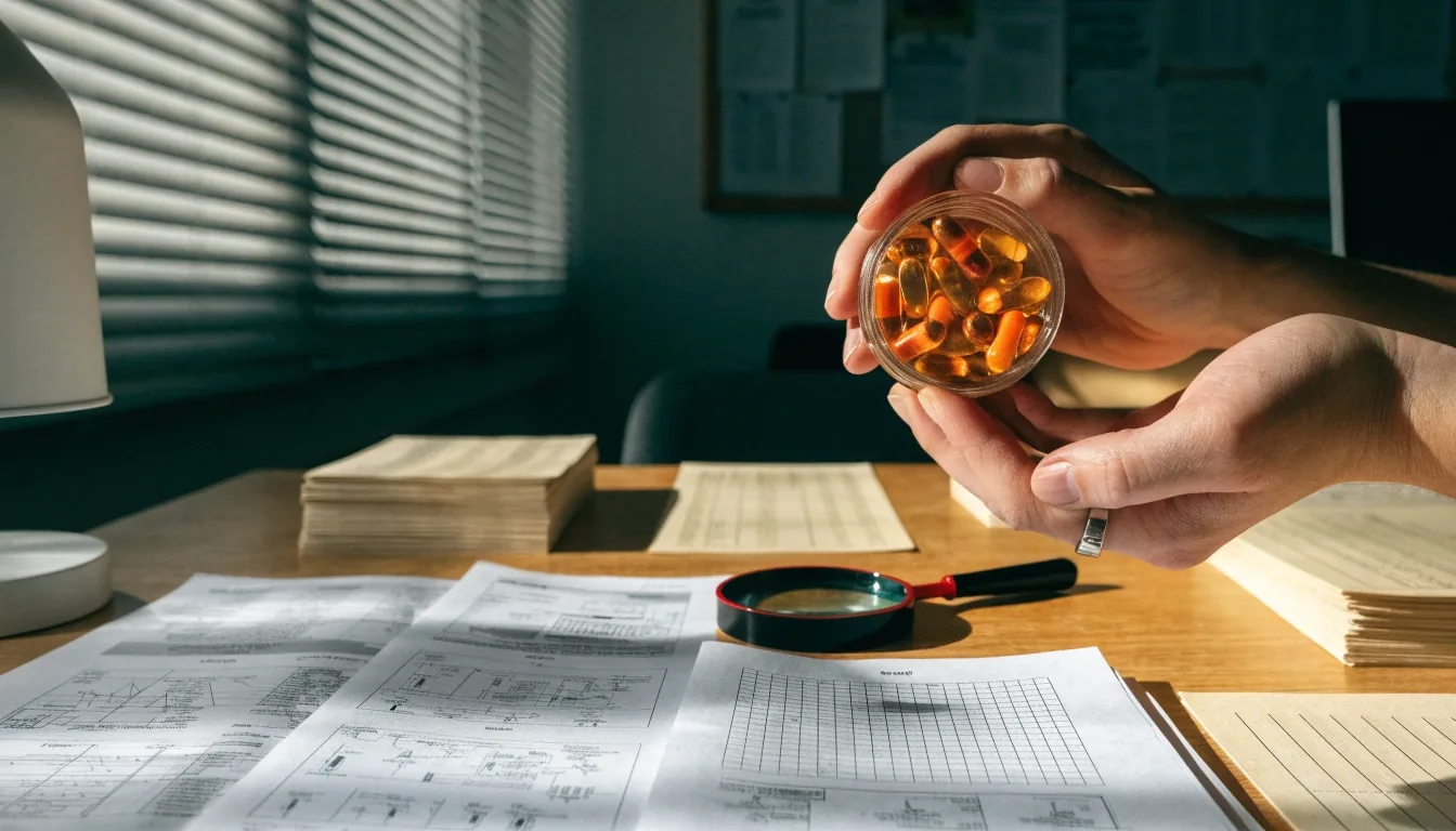 Fichas públicas y notas de trabajo sobre ingredientes de suplementos en un escritorio editorial