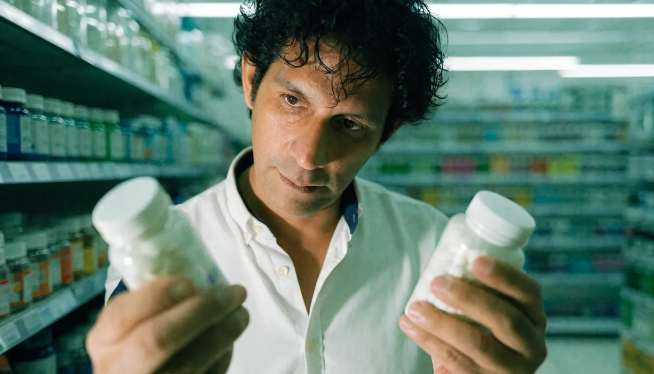 Persona comparando dos frascos de multivitamínicos en una cadena de farmacias