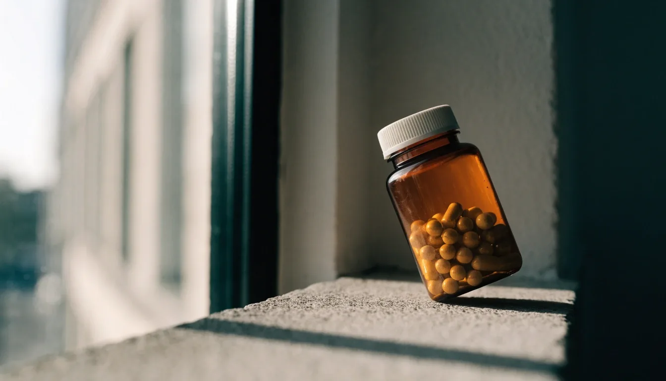 Caja de multivitamínico masculino sobre una repisa de concreto con luz de mañana